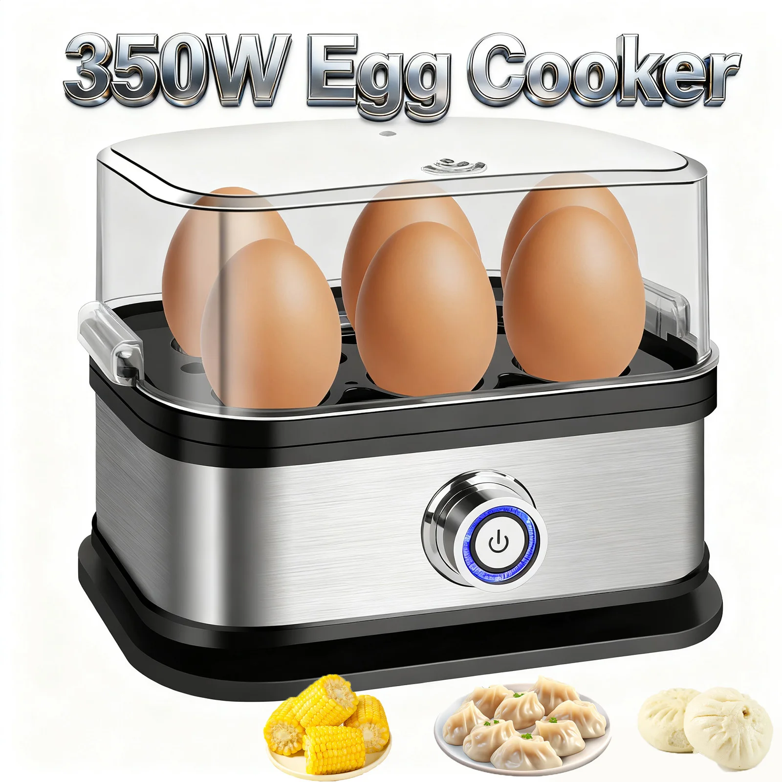 Hervidor de Huevos de 350W, Cocedor con Capacidad para 6 Huevos, para Huevos Cocidos Suaves, Medios o Duros, Vaporizador de Alimentos Multiusos que Ahorra Espacio