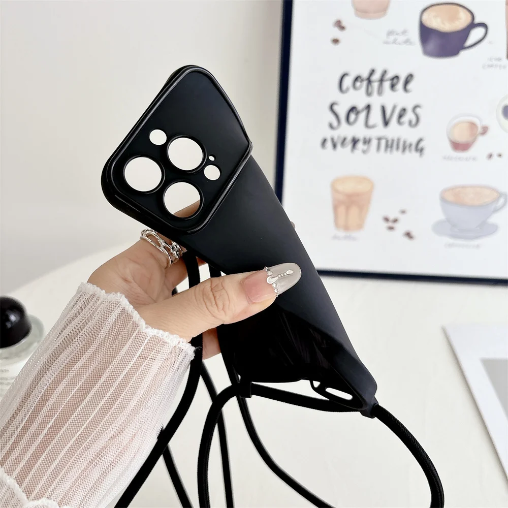 Crossbody الحبل قلادة الحبل لينة غطاء من السيليكون آيفون 16 15 14 13 برو ماكس 12 قابل للتعديل حبل نايلون ماتي غطاء ل 16Pro