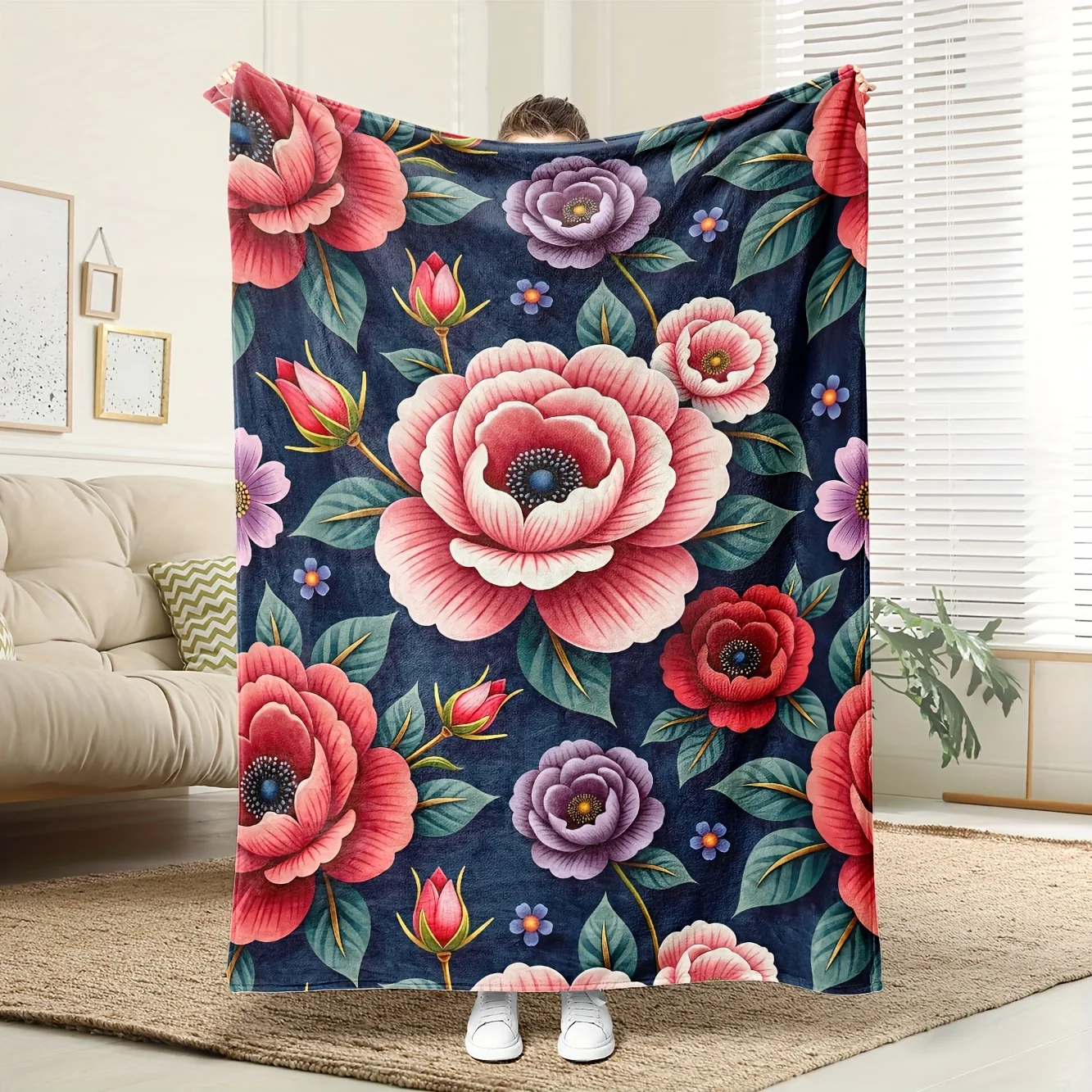 

Bohemian Teal/Pink Floral Throw Blanket - Soft Flannel, Housewarming/Wedding Home Decor Gift