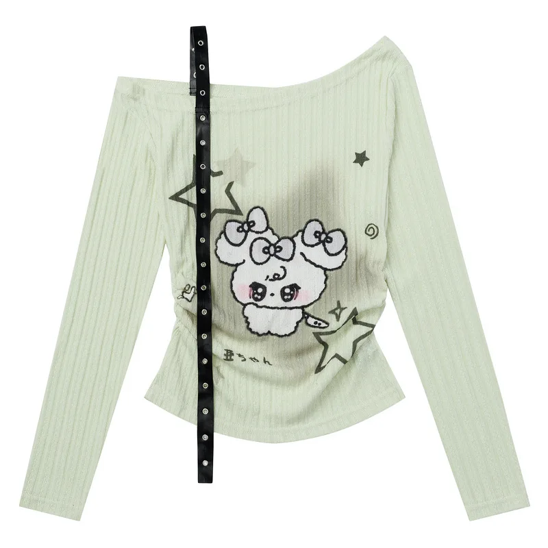 

Women's Kawaii Off-Shoulder Long Sleeve Top Y2K Ribbed Fitted Blouse with Side Strap Graphic Print Edgy Cute Party Daily Wear