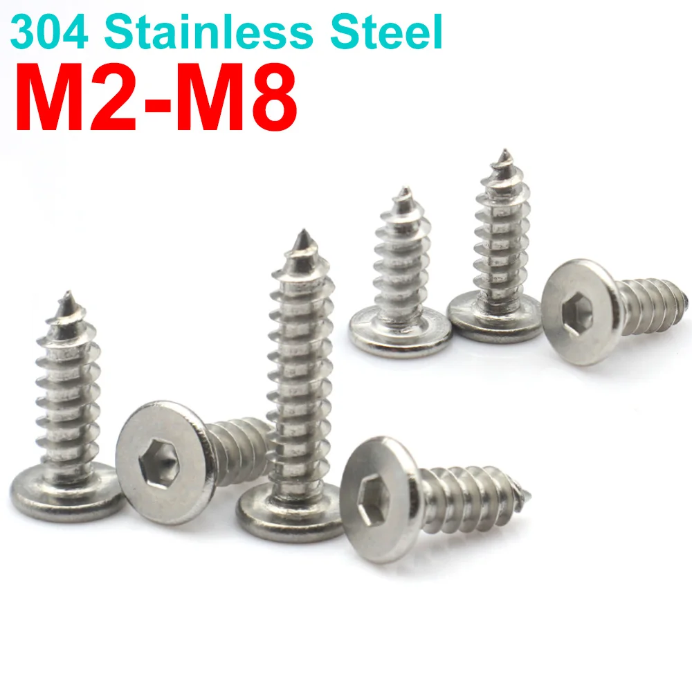 5-50PCS M2 M2.3 M2.6 M3 M4 M5 M6 M8 304 Stainless Steel Flat Head Hex Socket Self Tapping Screws Ultra Thin Low Profile Bolts