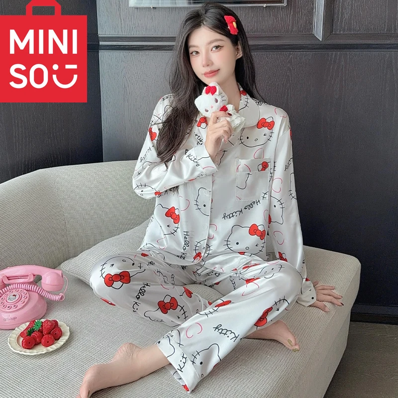طقم بيجامة لطيف مطبوع عليه حروف هالو كيتي للسيدات للخريف ملابس نوم لطيفة على الموضة الكورية الحلوة طقم مكون من قطعتين للشتاء