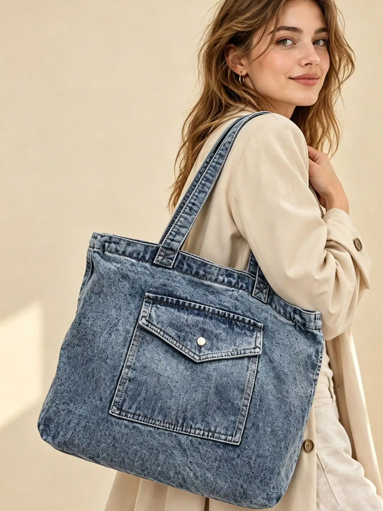 Fashion Large Denim Tote Bag For Women Solid Color Handbag With Zipper Roomy Shoulder Bag Multi-Pocket Denim Bag For Commuting Shopping School Daily sg260912174942279689079