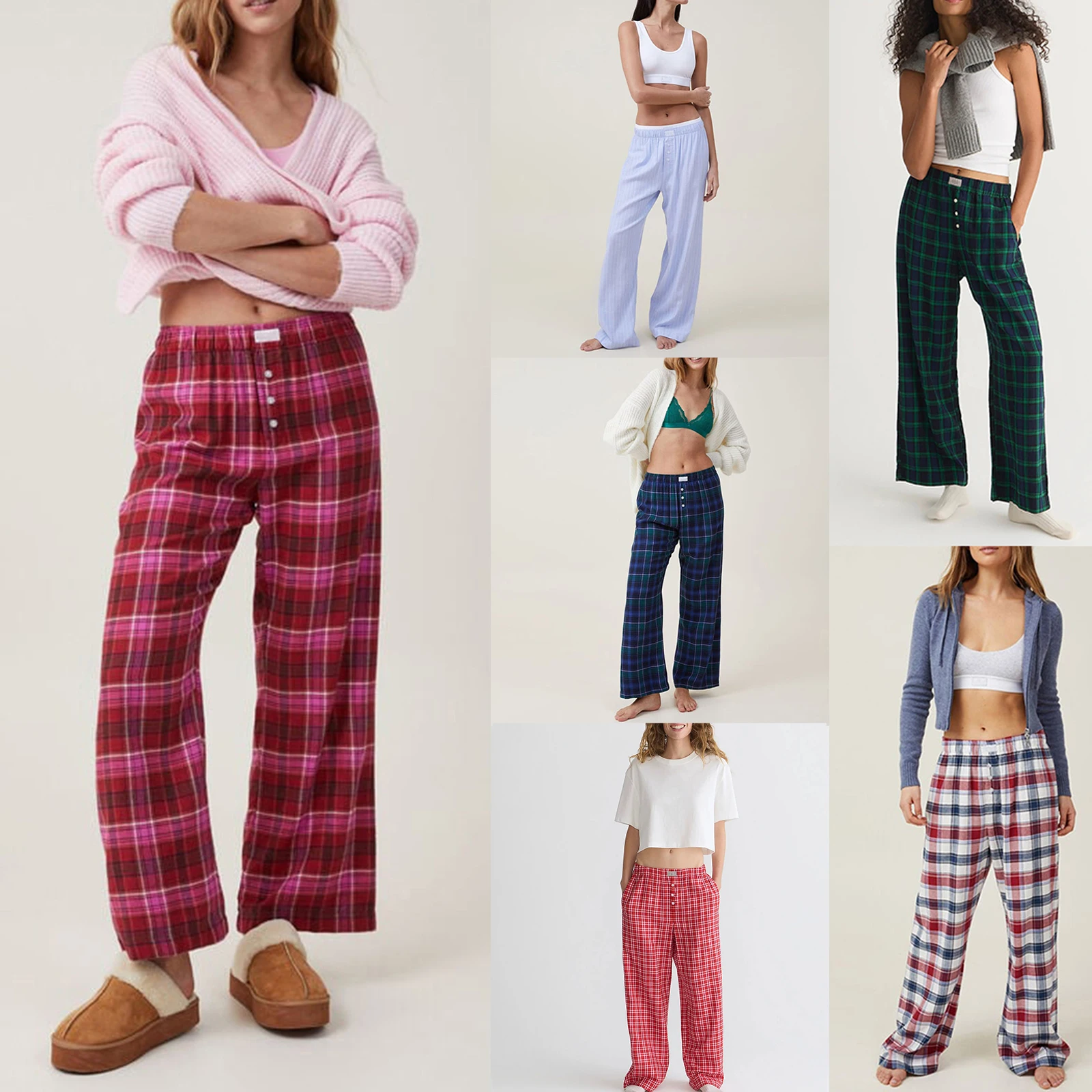 HEZIOWYUN Women's Comfy Pajama Long Pants Y2K Plaid/Stripe Print Elastic Waist Loungewear Wide Leg Sleep Pj Bottoms Sleepwear