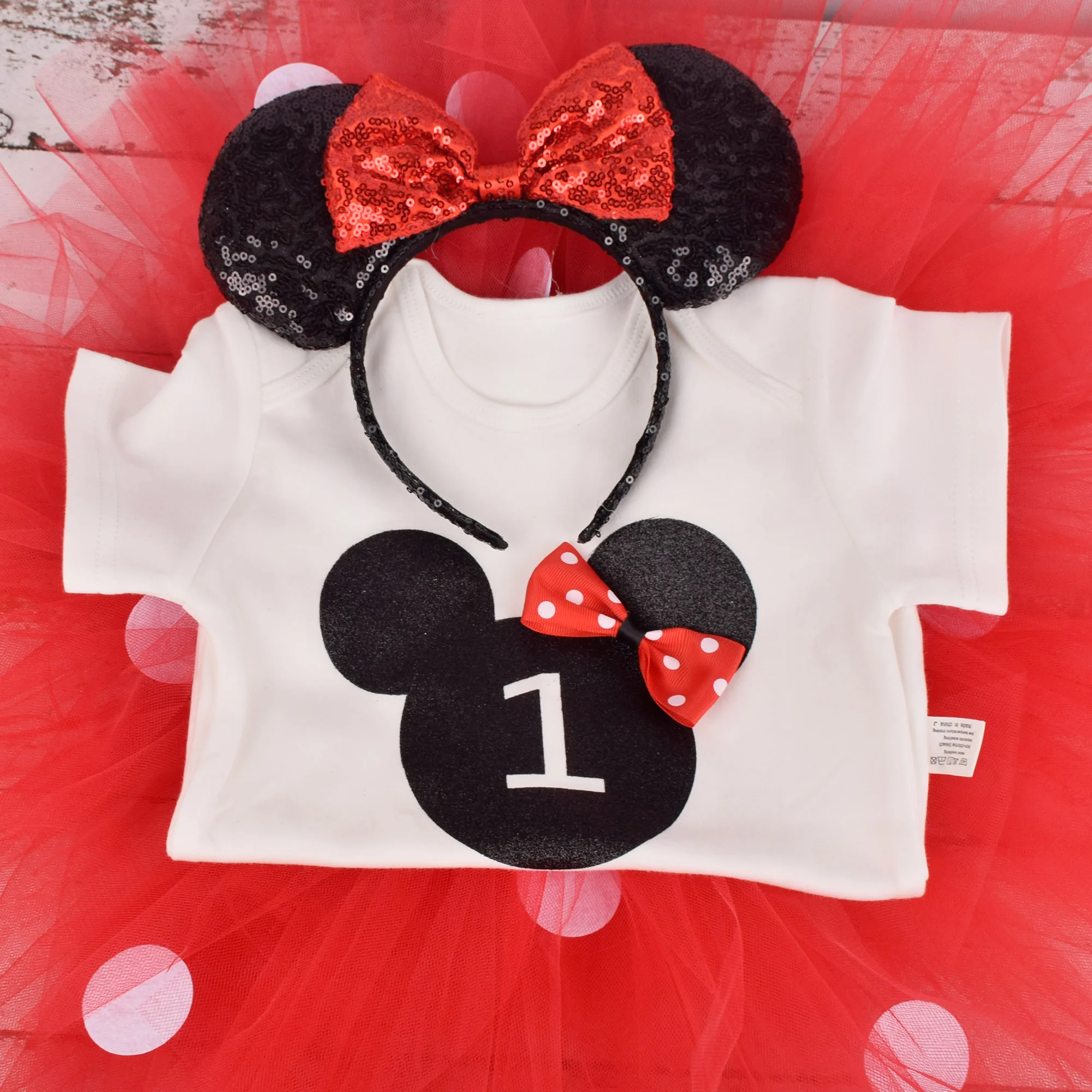 Baby Girl Red Mouse Birthday Tutu outfit Polka Dots 1st Birthday Party Tutu costume Baby Shower Tutu Skirt Onesies Headband Set