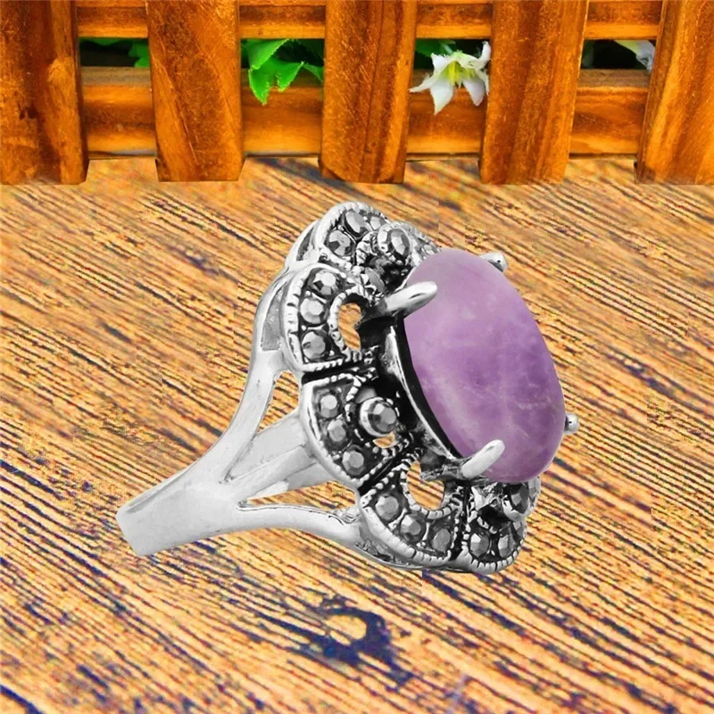 Oval Natural Amethysts Rings For Women Vintage Look Antique Silver Plated Rhinestone Plum Flower Fashion Jewelry TR690