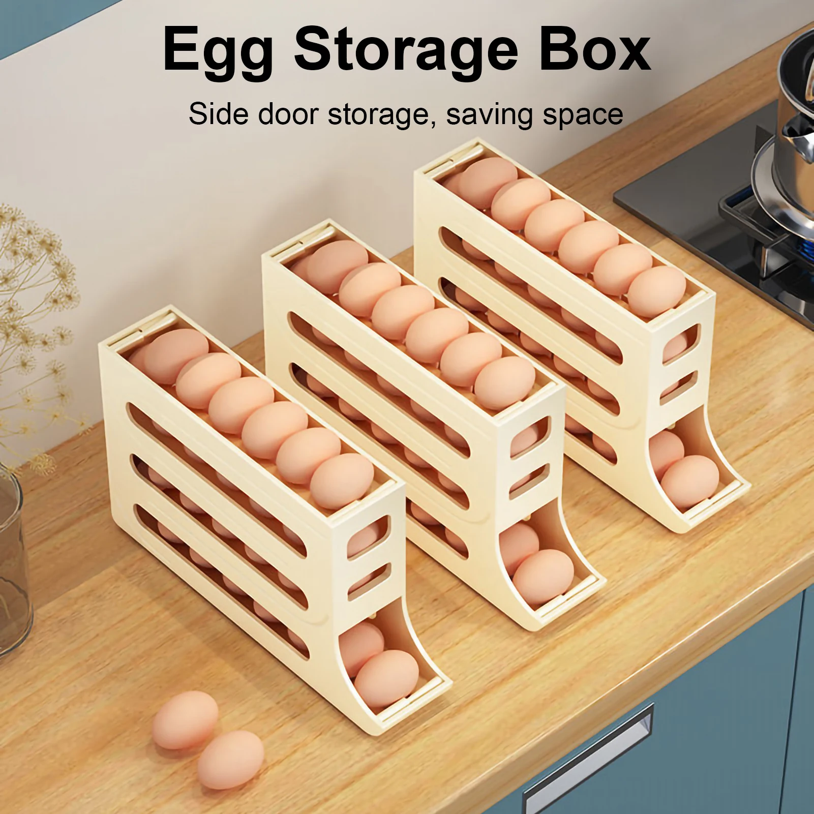 Egg Refrigerator Storage Box Automatic Scrolling Egg Rack Holder Fridge Organizer Large Capacity Eggs Storage Organization Stand