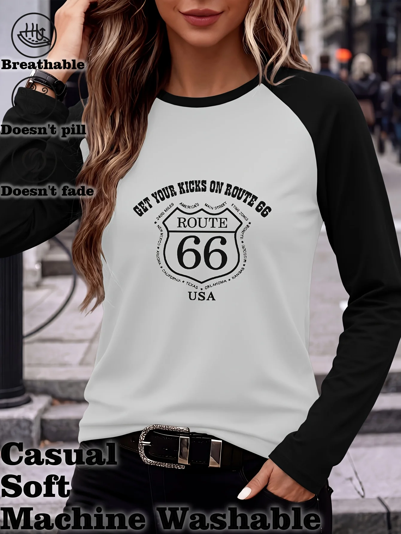 Women's Get Your Kicks on Route 66 All-Over Text Shield Print Raglan Long Sleeve T-Shirt Casual Vintage Style T Shirt Clothes