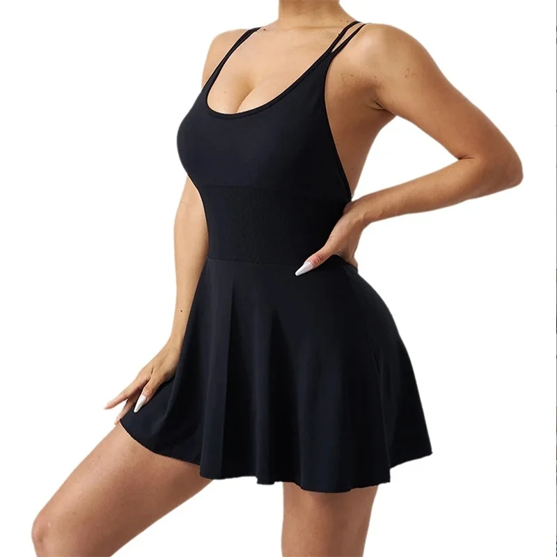 

Summer Seamless Stretchable Women's Tennis Skirt High Elasticity Tight Quick-drying Sport Style Cross Strap One-piece Dress