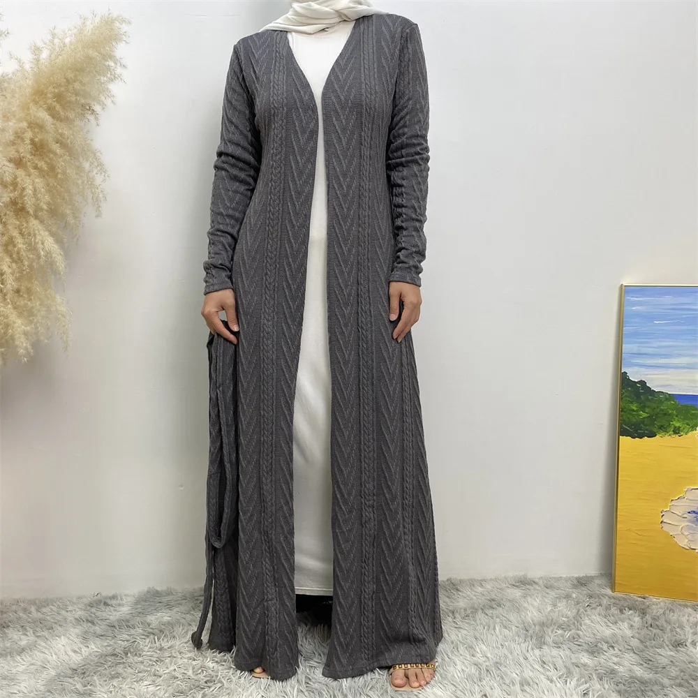 Donne musulmane Abaya Robe Cardigan Maglione Giacca lunga Autunno Inverno Moda lavorata a maglia musulmana con tasche