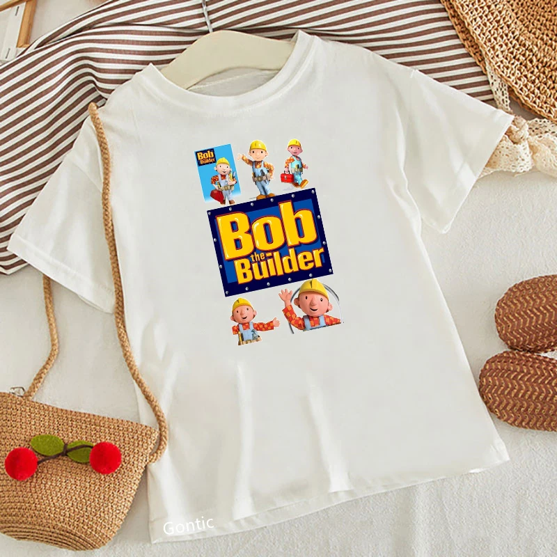 Baby Boy T-shirt Cartoon Bob The Builder T Shirt Children\'s Clothes Summer Top Kids White Casual Short Sleeve Tshirts for 2-13 Y