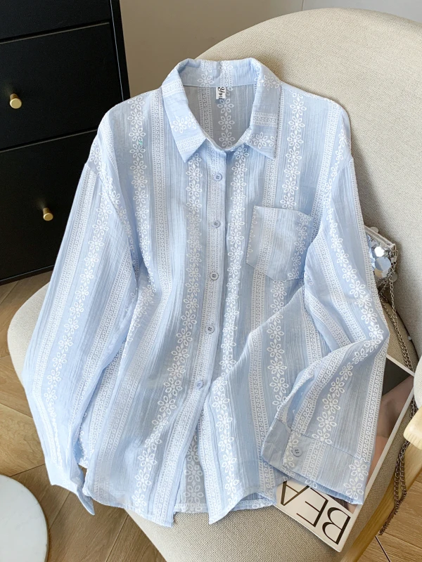 

Рубашка с цветочной вышивкой для защиты от солнца, тонкая свободная верхняя одежда, женская летняя модная блузка оригинального дизайна из полиэстера с длинными рукавами