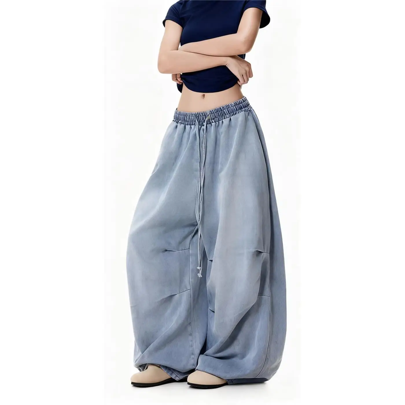 

American High Street Style Pure Color Jeans Casual Loose Wide Leg Pants Commute Fashion High Waist Denim Cotton Casual Wear