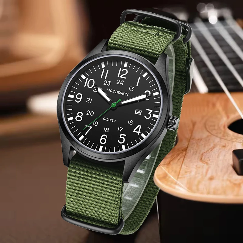 

LIGE новые армейские военные часы для мужчин, повседневные деловые часы с нейлоновым ремешком, светящиеся часы, мужские водонепроницаемые кварцевые наручные часы с датой