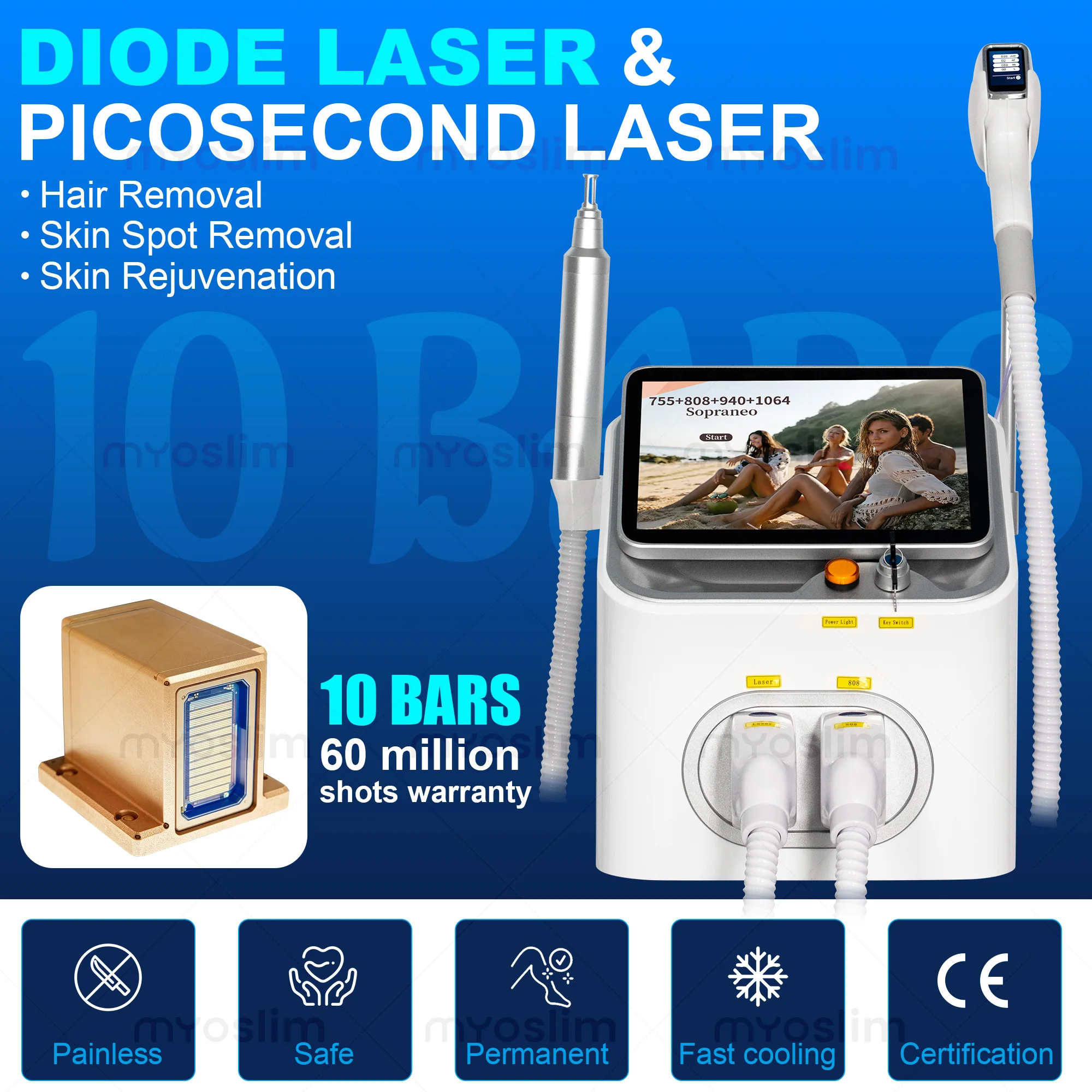 High Energy FAC 2‑IN‑1 5000W Diode Picosecond Laser Machine 755 808 940 1064nm Ice Cooling Hair Removal Tattoo Pigment Eliminati