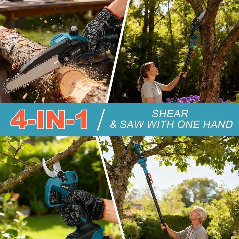 مجموعة منشار القطب اللاسلكي 4 في 1 ومقصات التقليم الكهربائية، ومقصات التقليم الكهربائية ومناشير عمود 6 بوصة لتقليم الأشجار بطول 7 أقدام