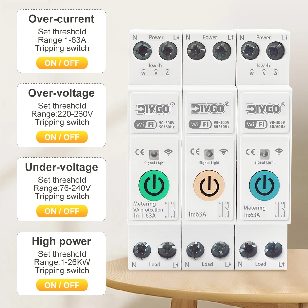 WiFi Smart Circuit Breaker Switch Tuya Voltage Current Protection Loop Timing Remote Control Metering Monitoring Home 1P+N 63A