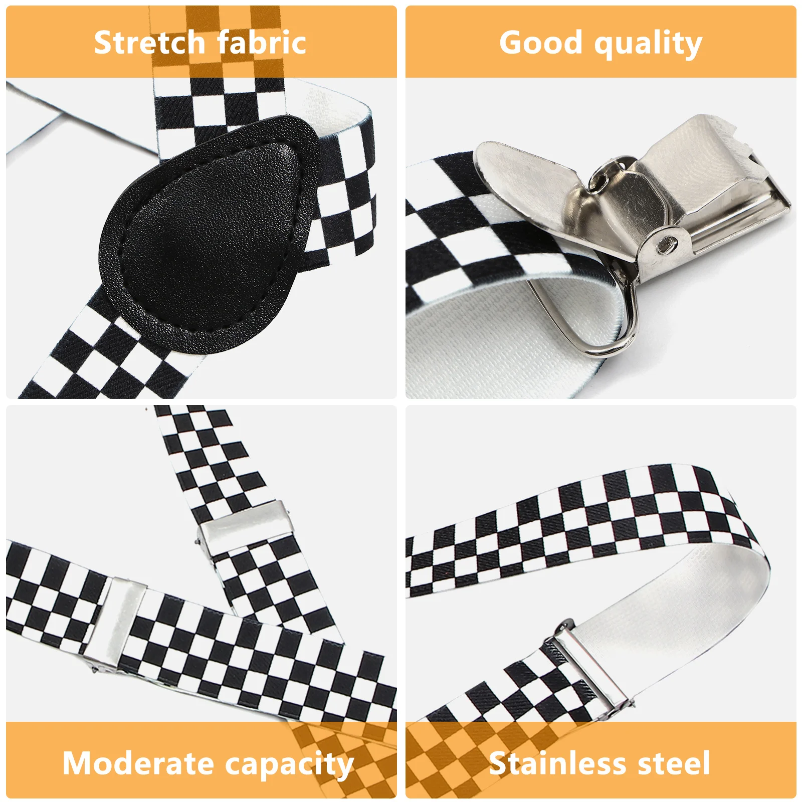 Checkered Clip-on Braces, elástico Y-back Suspender, preto e branco