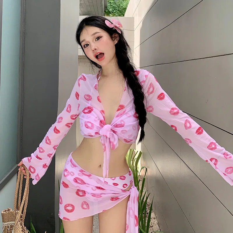 

Pink Women's Bikini Set Padded Triangle Biquini Four Pieces Swimwear Lip Print Swimsuit Skirt Bathing Suit 2024 Korean Monokini