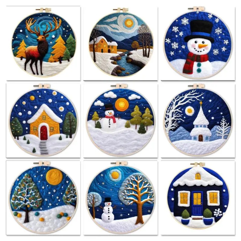 

Christmas Needle Felting Embroidery Kit Snow Landscape Frame Needle Felting Starter Kit Wool Felt Painting Gift For Diy Crafts