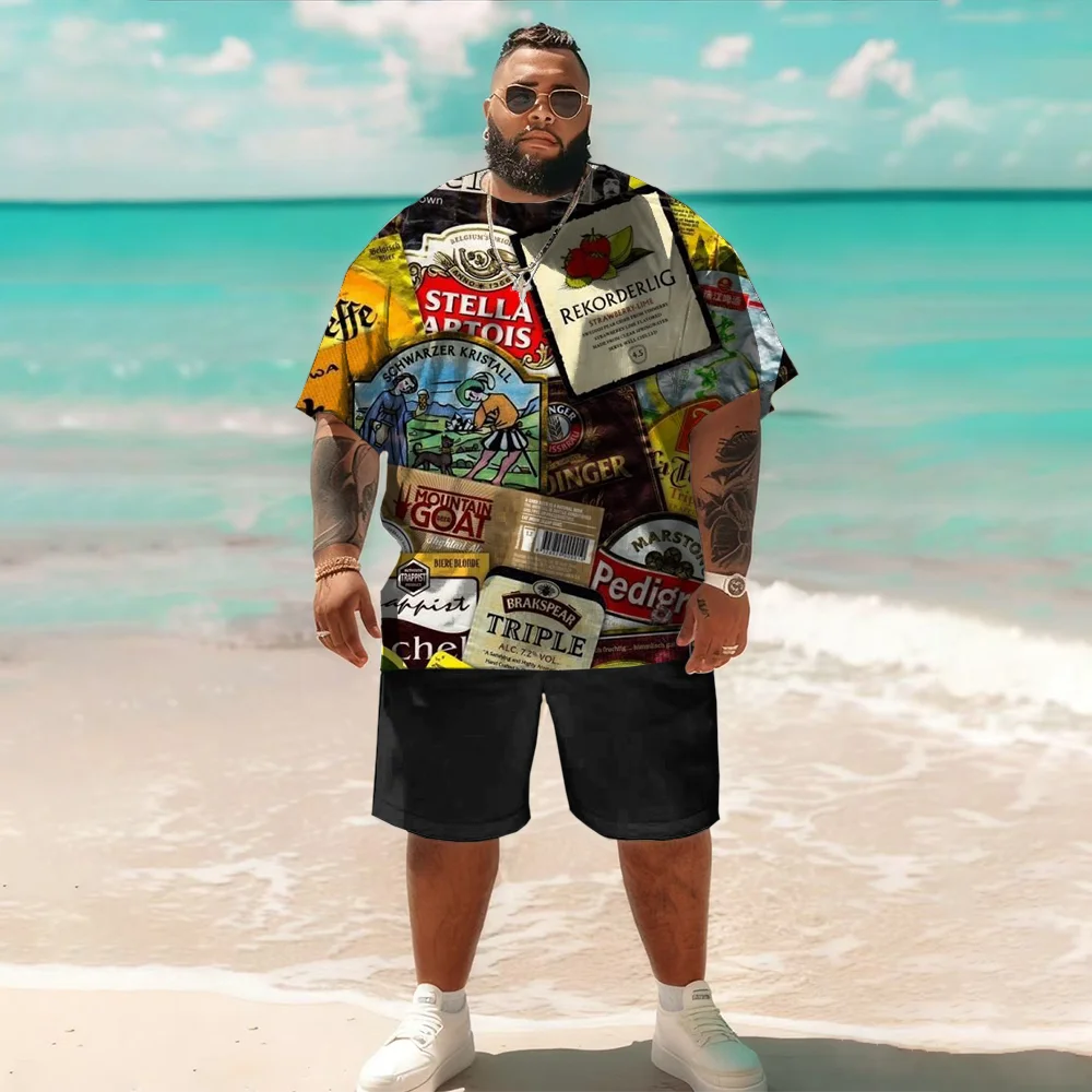 

S-9xl plus size Men's Short Sleeve Set: Beer-Inspired Vibe - 2-Piece Big & Tall Fit, Soft Breathable Fabric, Subtle Mug Prints,