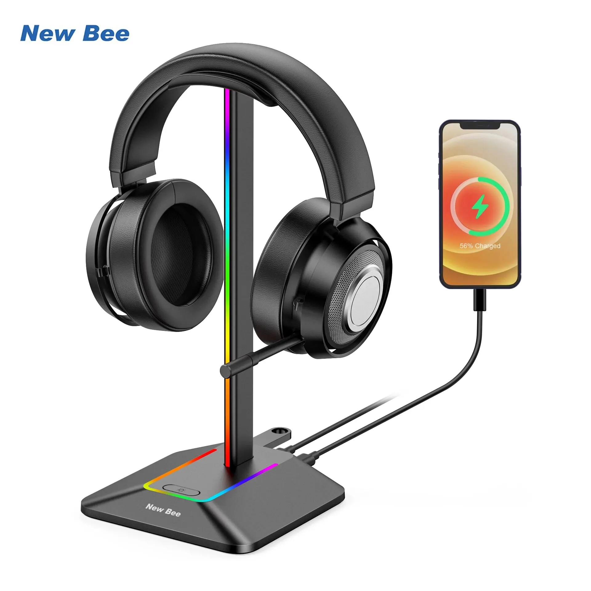 New Bee Z8 RGB Headphones Stand Holder Desk Gaming Headset Cool Display With 2 USB Ports Holder Non-Slip Rubber Base for Gamer