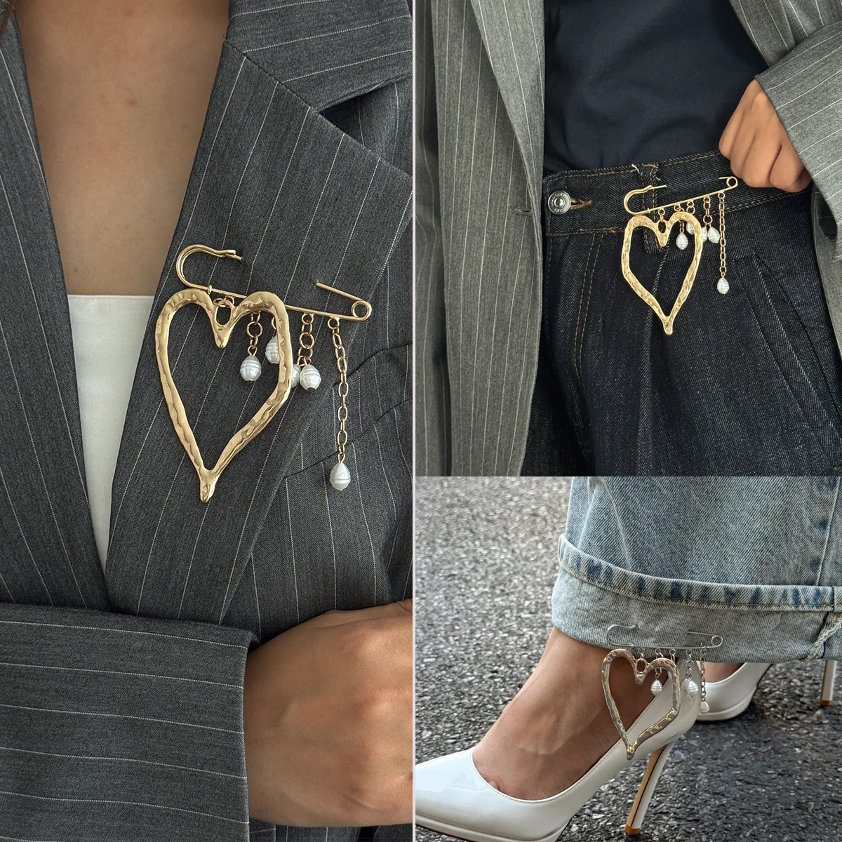 

New Heart Alloy Brooch Fashion Pearl Tassel Chain Lapel Pins for Women Jewelry Trendy Chic Design Fashion Accessory