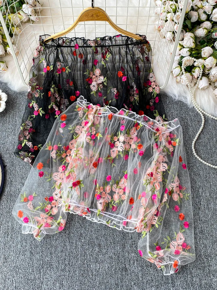 

Elegant Embroidered Long Sleeve T-Shirt Women Summer Sweet Youth Loose Mesh Top Korean Style Commute Flower Pattern Casual Shirt