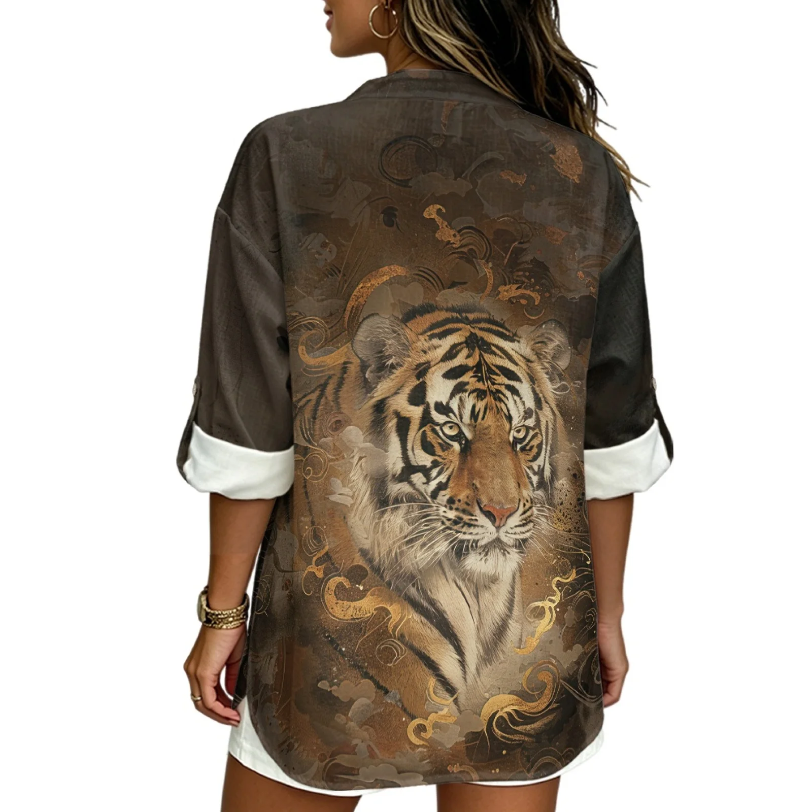PENSTROLL Tiger Portrait Print Loose V Neck Shirts for Resort Linen Like Long Sleeve Tops for Women Sizes S-5XL