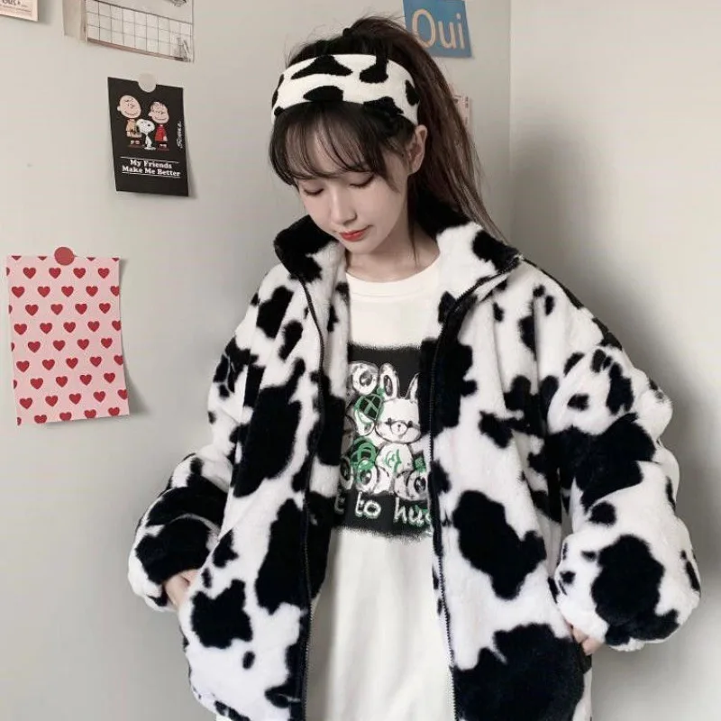 Cow Printed Women Hoodies Autumn Winter Warm Female Hooded Sweatshirts Zipper Long Sleeve Ladies Girls Hoodies Oversized Tops