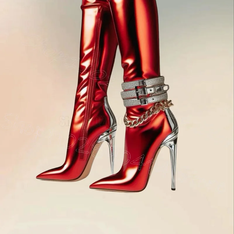 

Crystal Buckle Chain Decor Red Pointed Toe Boots Side Zipper Women Shoes Thin High Heels Party Banquet 2024 Zapatos Para Mujere