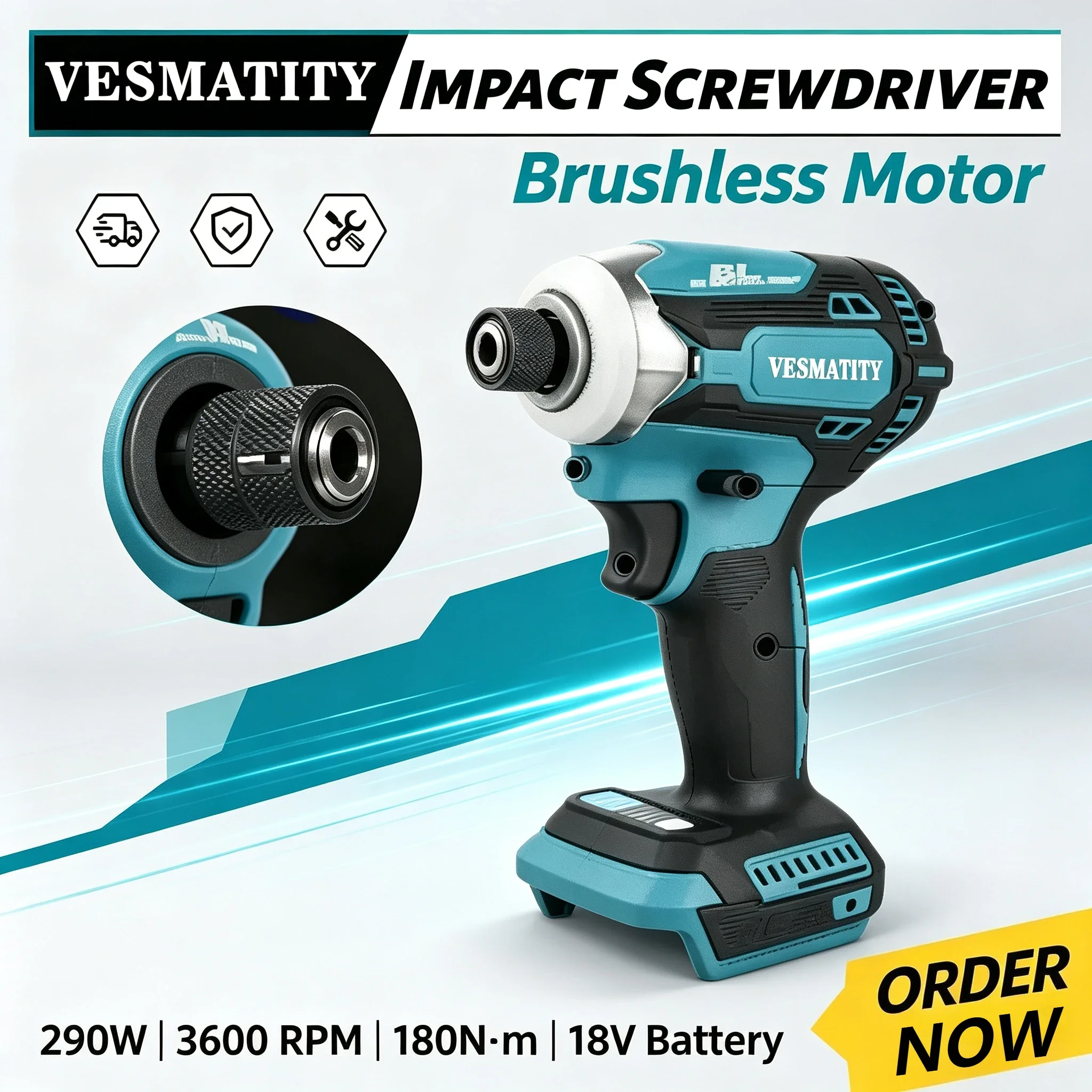 Cordless Impact Driver, Brushless Motor, 180N·m, Lightweight, One-Hand Mode Switch, for 18V-20V battery for DIY Repair
