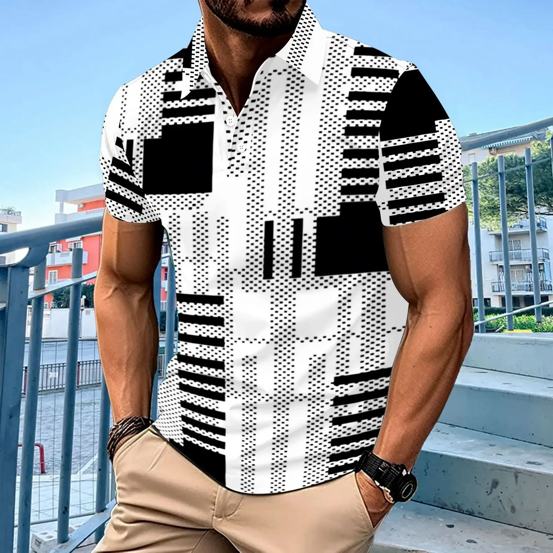 

LIBIELIY Europe And The United States Men Leisure Outdoor POLO Shirt Digital Print Lapel Button Business Solid Color Matching T-