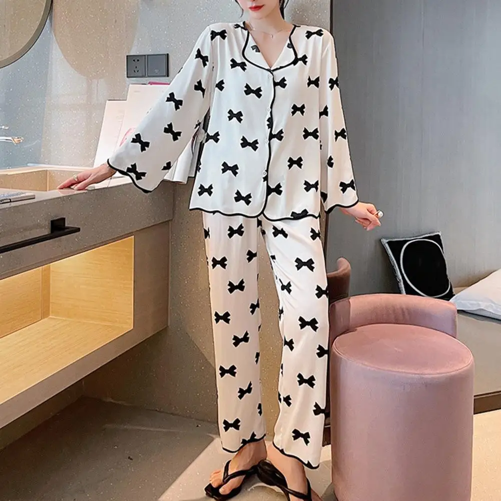 Women Loungewear Set Two-piece Pajama Set Elegant Satin Pajama Set with Bow Printing Button-down Shirt Wide Leg for Spring