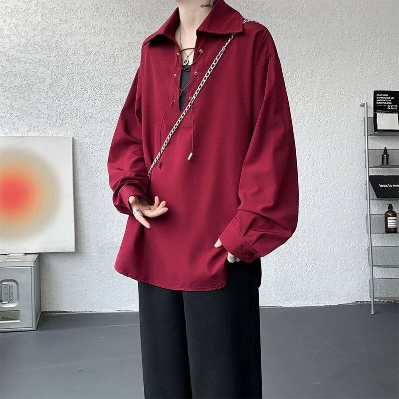 

Early Autumn Long Sve Dstring irt Men's Design Sensation Cool Red irt Jaet V Ne No Ironing Loose Polyester Fiber
