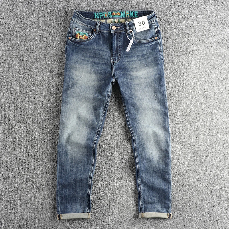 

Summer fashion men's new heavy craft embroidery washed blue jeans slim small straight stretch comfortable pants