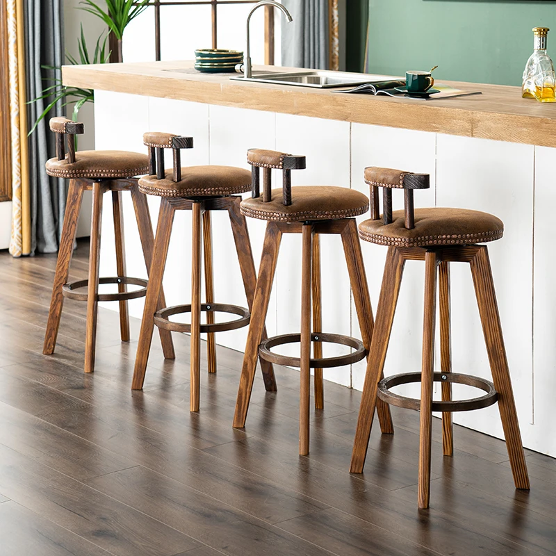 

American Rotate Bar Chair Solid Wood Carbonization High Chairs Elasticity Sponge Counter Stool Curved Backrest Modern Furniture