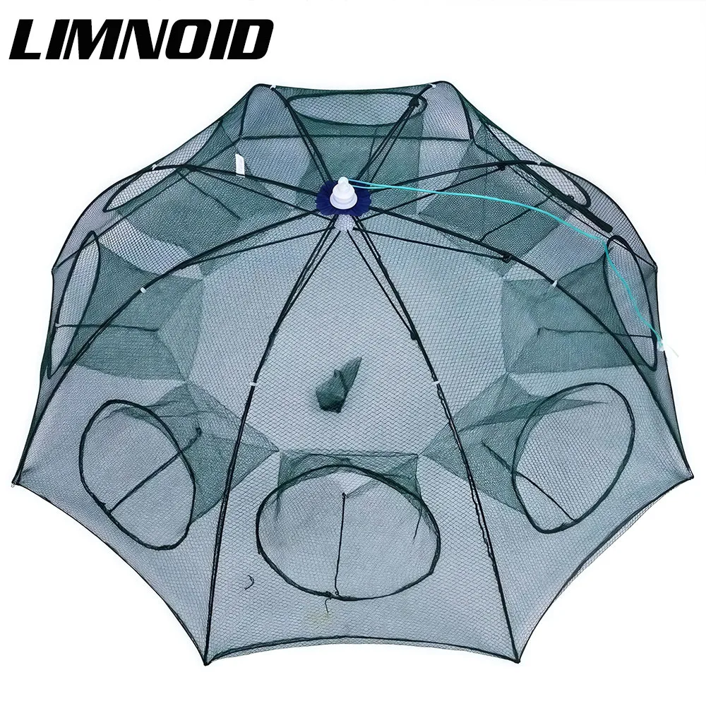 Tragbares Fischernetz mit Limnoid-Löchern, Garnelenkäfig, Regenschirmnetz mit mehreren Löchern zum Fangen von Fischen und Garnelen, zusammenklappbar für den Außenbereich