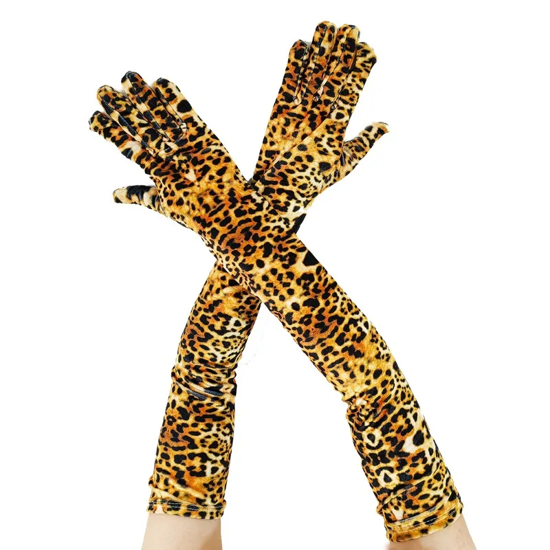 53cm Women's Winter Gold Velvet Long Gloves Leopard Zebra Print Elegant Fashion for Opera Stage Performance Warm Keep