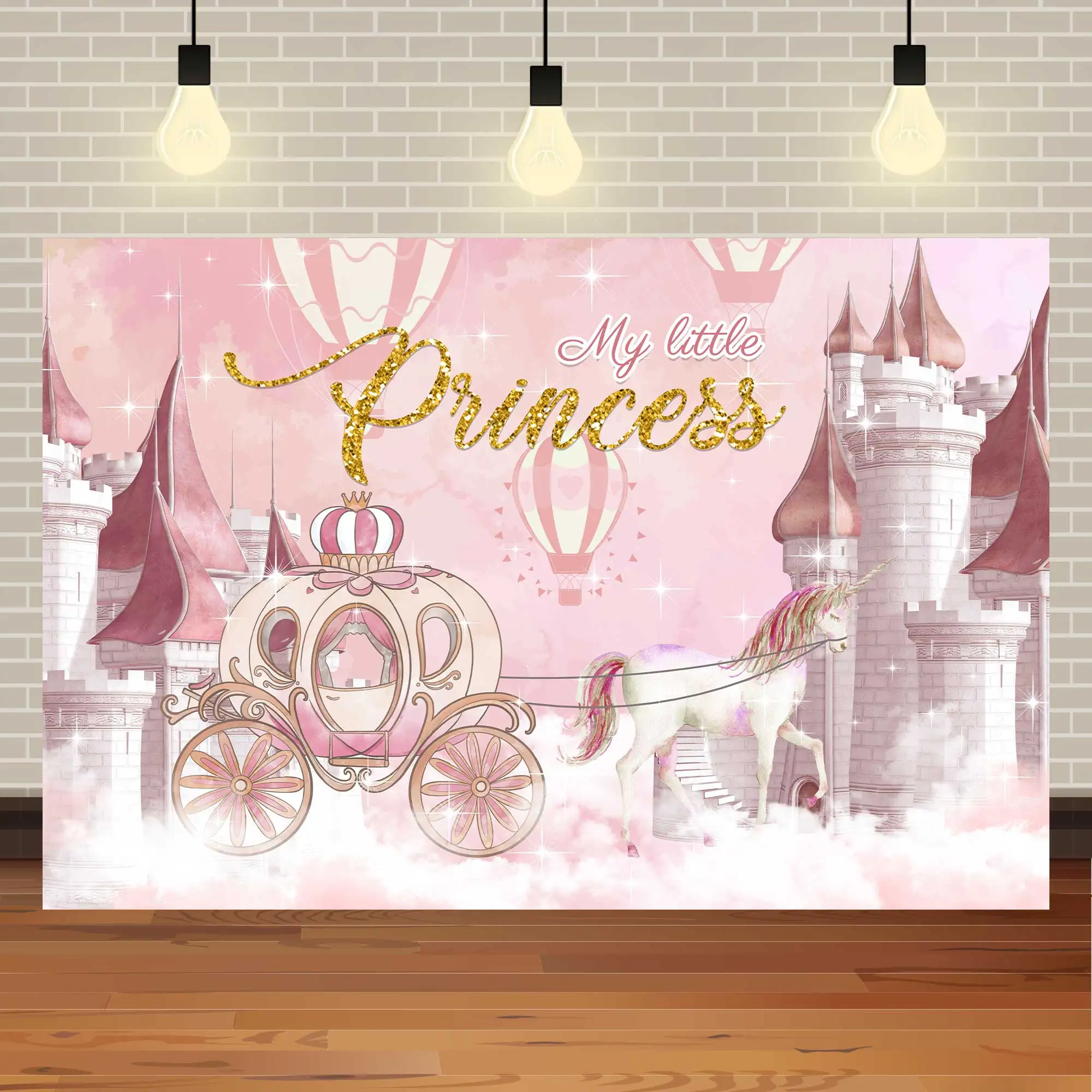 NeoBack Princess Latar Belakang Pesta Ulang Tahun Fotografi Anak Perempuan Pink Castle Unicorn Bintang Glitter Kereta Disesuaikan Latar Belakang Bayi
