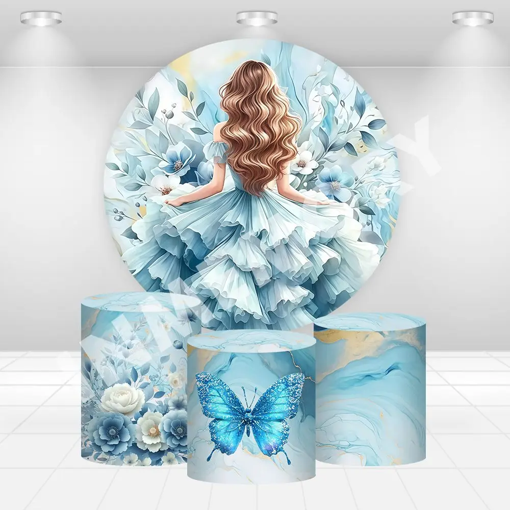 Round Cover Backdrop for Girls 15th Birthday Photography Quinceanera Flower Dress Backdrop Glitter Butterfly Decor