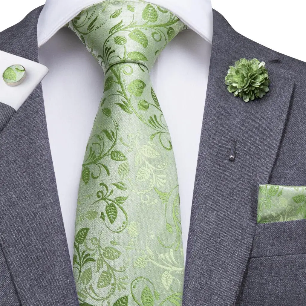 Hi-Tie Men Tie Grass Green Ties Floral Necktie Boutonniere Handkerchief Cufflinks Set Wedding Cravat for Groom 8.5 cm