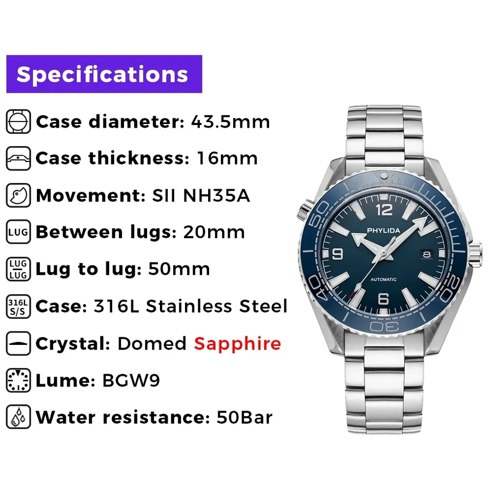 PHYLIDA 500m Men's 43.5mm Automatic Diver Watch Blue Dial Sapphire