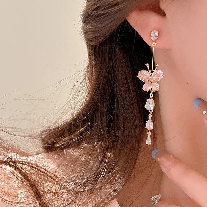 New Korean Pink Crystal Butterfly Drop Earrings For Women Love Heart Shape Long Tassel Dangle Earring Wedding Party Jewelry Gift