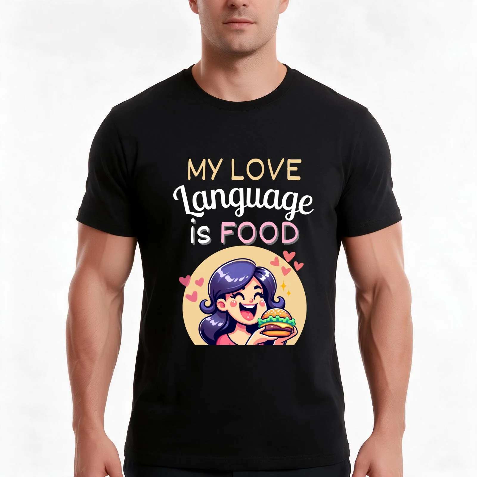 My Love Language Is Food T-Shirt, Summer Casual Cotton Tee, Oversized Streetwear Tops, Vintage Graphic Print, Unisex Men Women