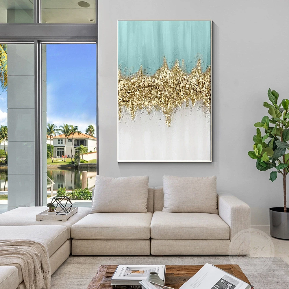 Handmade Oil Painting Modern Art Light Blue Gold Wave Abstract Painting Texture Wall Art Bedroom Luxurious Decorative Painting