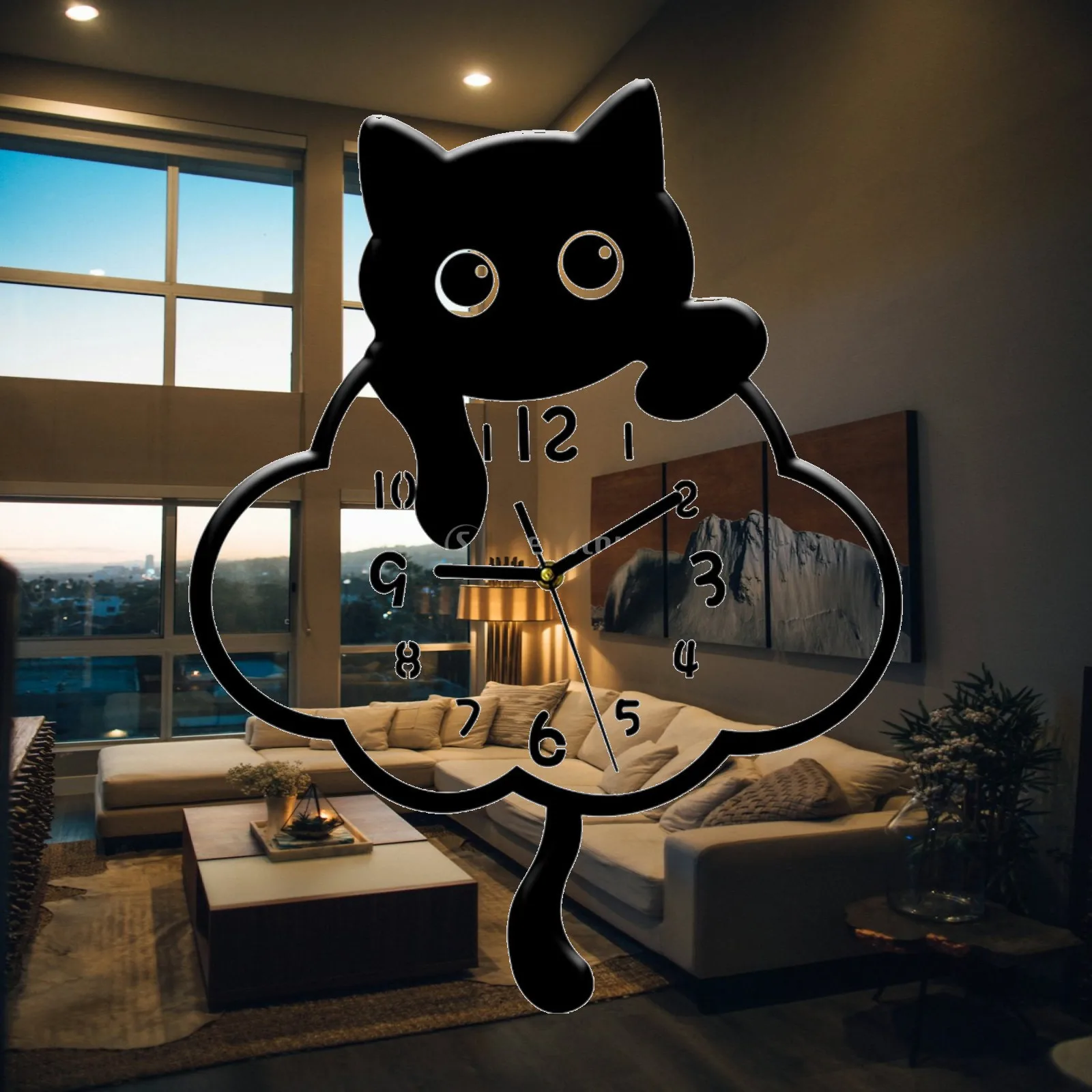Stylish Cat Wall Clock with Pendulum Tail Acrylic Silent Sweep Analog Decorative Clock Arabic Numbers for Bedroom Study