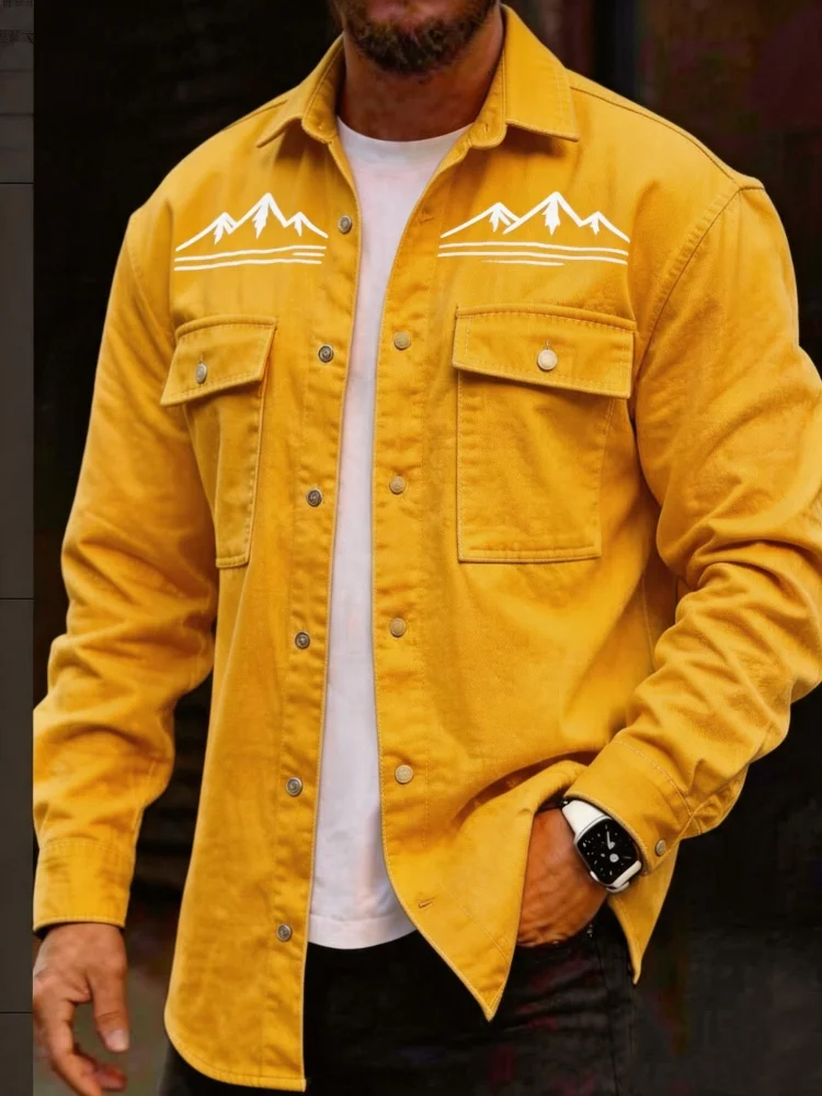 Camisa de manga larga para hombre con estampado de montaña, efecto denim, cuello amarillo, botones, doble bolsillo en el pecho, informal para exteriores