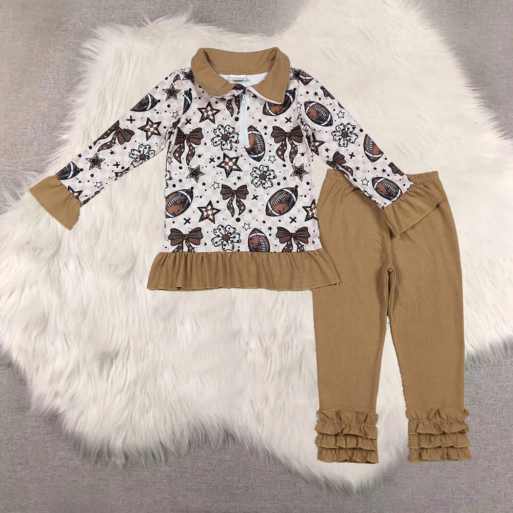 

Baby Girls Football Bows Zipper Pullover Floral Legging Pants Team Set Kids Clothing Soft Comfortable Polyester Blend