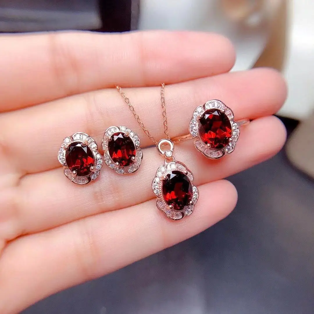 Natural Garnet Silver Set  Garnet Ring and Ring Earrings for Daily Wear  VVS Grade Solid 925 Silver Garnet Jewelry Set